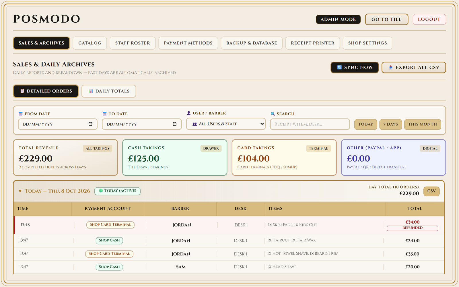 Sales archive with date filters, search and CSV export